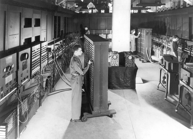 Corporal Irwin Goldstine operating ENIAC's function tables at the Moore School of Electrical Engineering, 1946